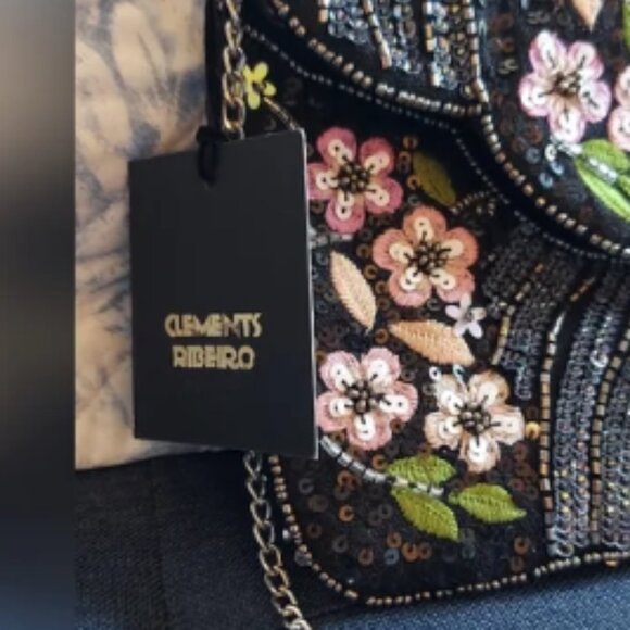 CLEMENTS RIBEIRO BEADED BLACK Flower Sequence Crossbody - Picture 5 of 8